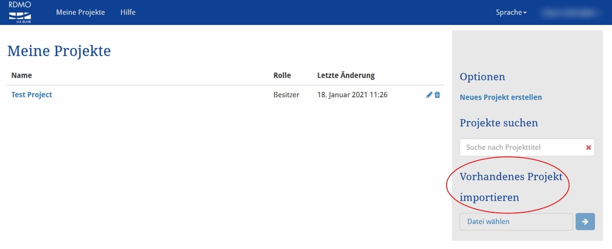 So importieren Sie ein RDMO-Projekt